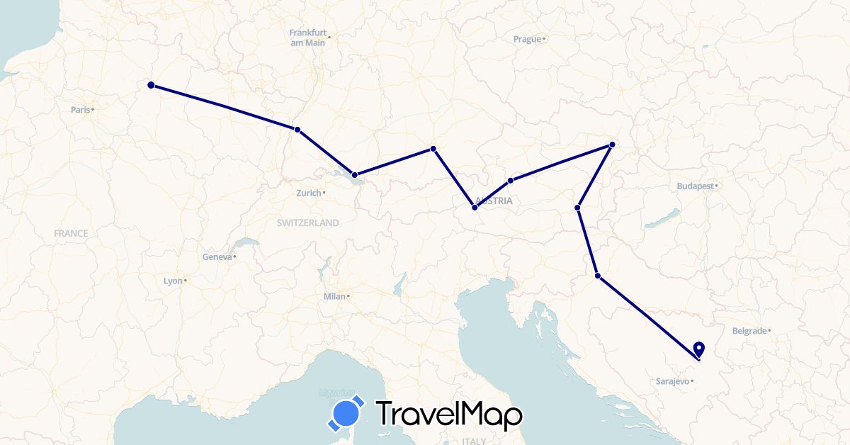 TravelMap itinerary: driving in Austria, Bosnia and Herzegovina, Germany, France, Croatia (Europe)